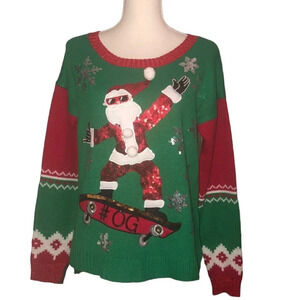 IT'S OUR TIME Sz L Women's Christmas Xmas Red Green Skateboarding Santa Sweater
